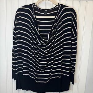 H&M Nautical Knit Long Slv Navy/ White Stripped Top W/Cowl Neck Euro Summer XS